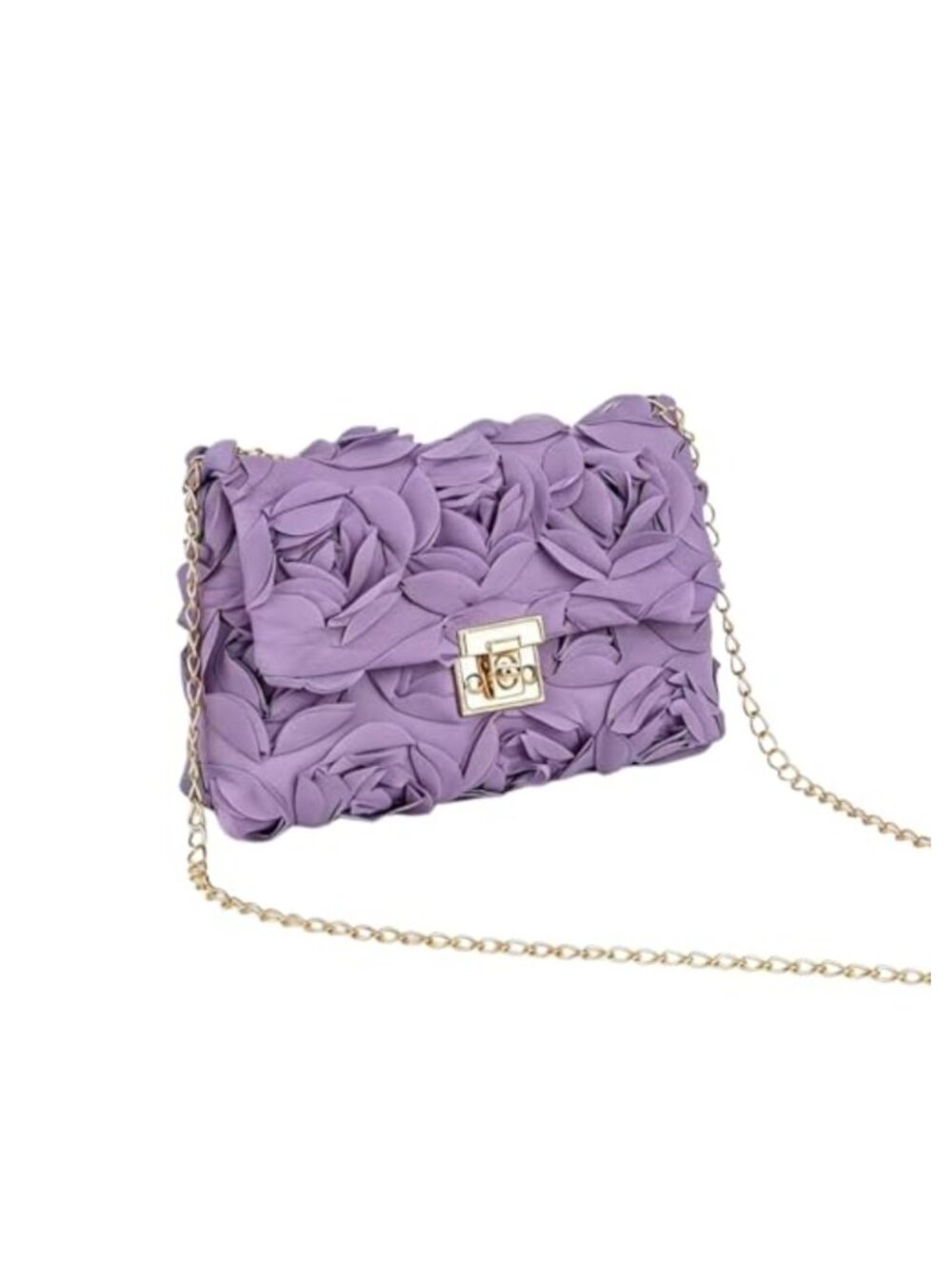 3D Rose Floral Crossbody Bag with Gold & Pearl Chain Straps, Turn Lock Flap